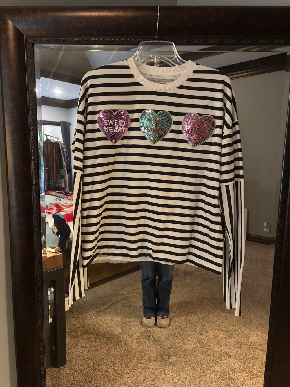 Striped Long Sleeve Tee with Sequin Heart Appliqués - Black & White